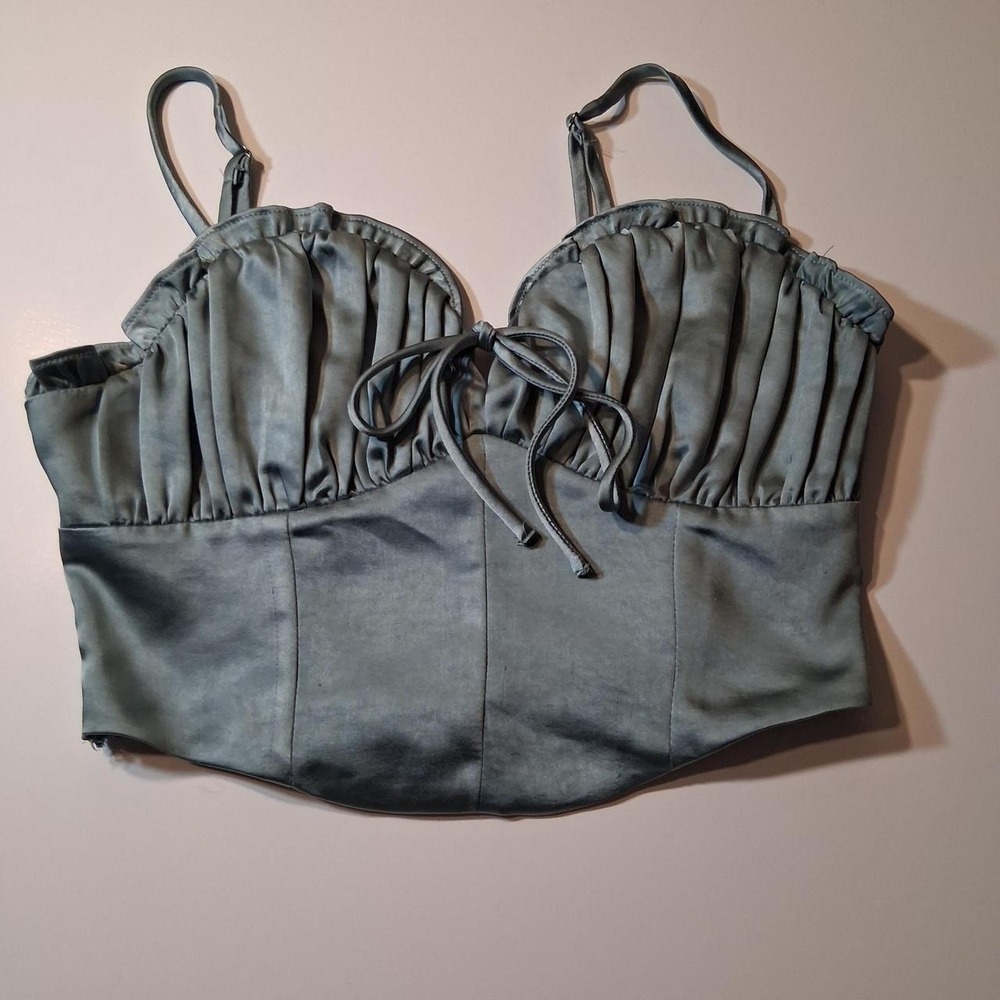 Womens grey corset style top silky fabric stretchy back pleated gathered bust